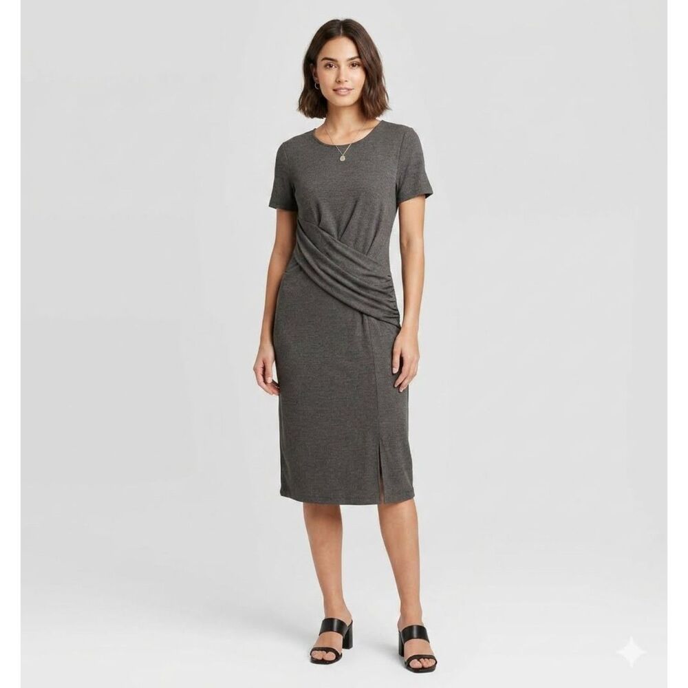 Metaphor Dress Womens L Gray Jersey Knit Pleated Waist Knee Length Stretch